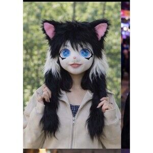 Cat Ear Plush Hat Anime Cosplay Fursuit  Mask Black White w/ Blue Eyes Halloween